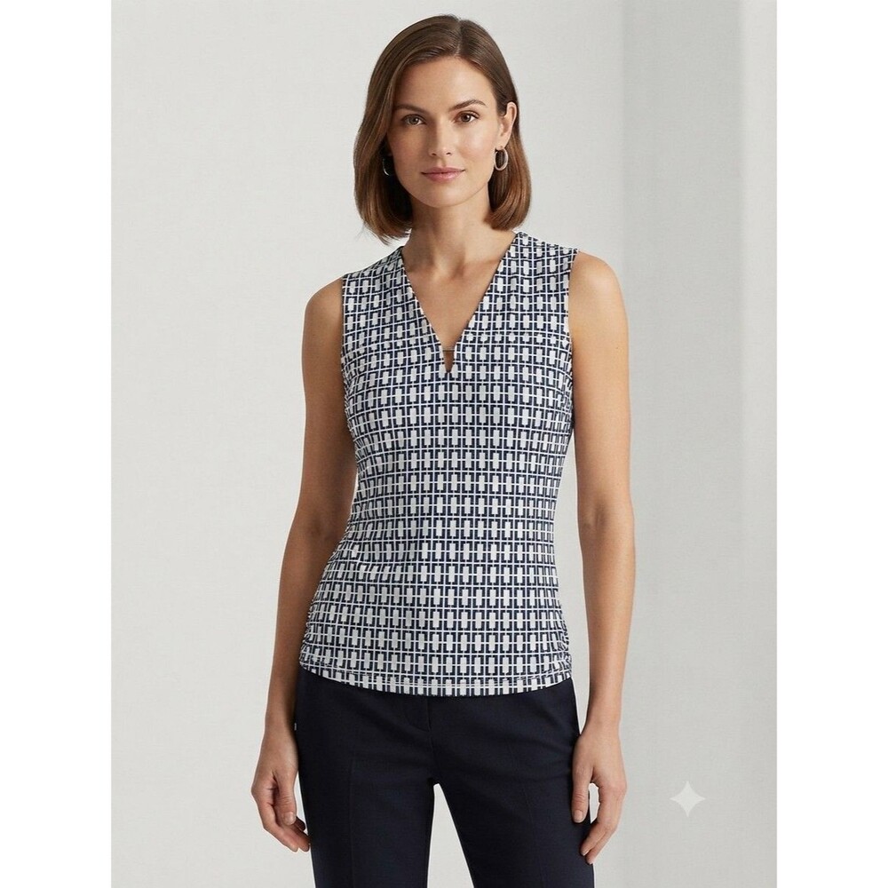 Anne Klein Geometric Print Sleeveless V-Neck Blouse Hardware Accent